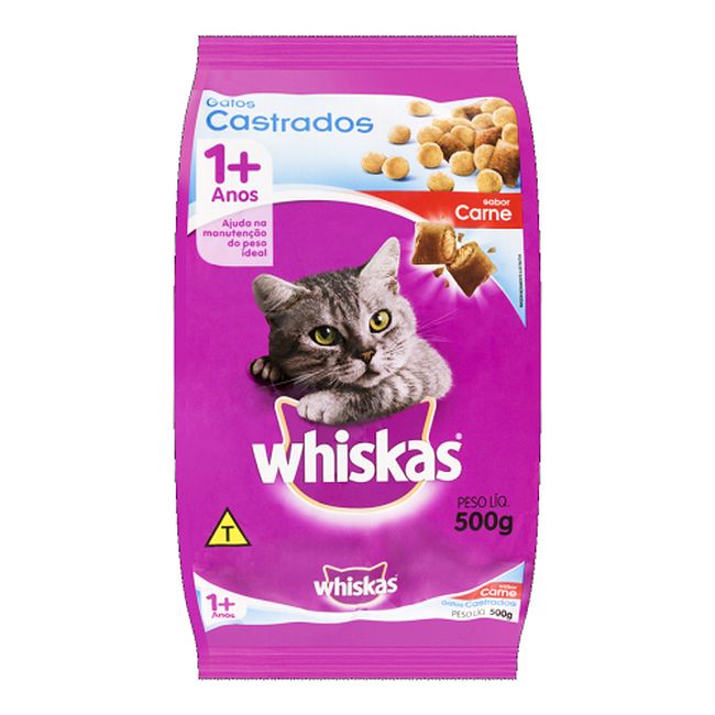 RACAO WHISKAS GATOS CASTRADOS CARNE 500G